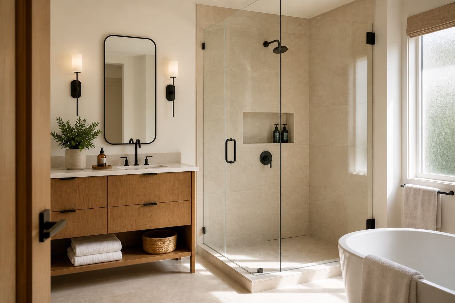 Modern bathroom renovation with walk-in shower and freestanding tub